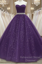 Beautiful Shiny Purple Tulle Beaded Ball Gonw Party Dress, Purple Semi Formal Prom Dresses